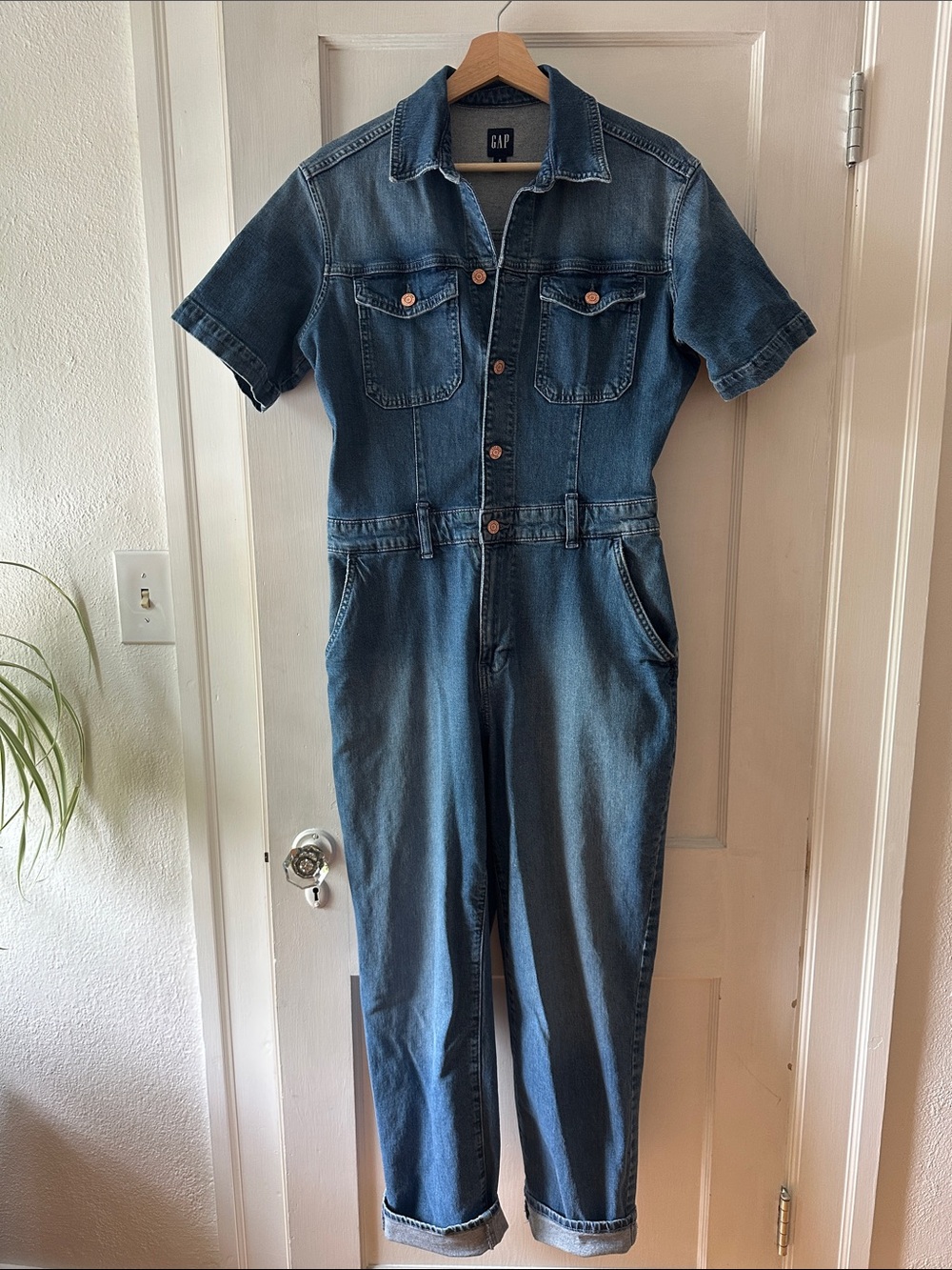 GAP Dark Blue Short-Sleeve Denim Jumpsuit